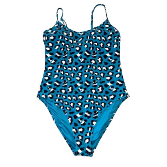 Blue Leopard Animal Print Women's One Piece Swimsuit Cheeky Full Coverage L - Picture 1 of 10